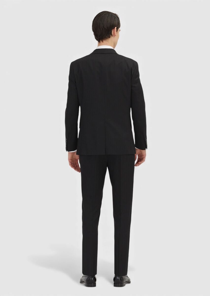 Siyah Çizgili Zeroweight Slim Fit Yün Karışımlı Takım Elbise - 4