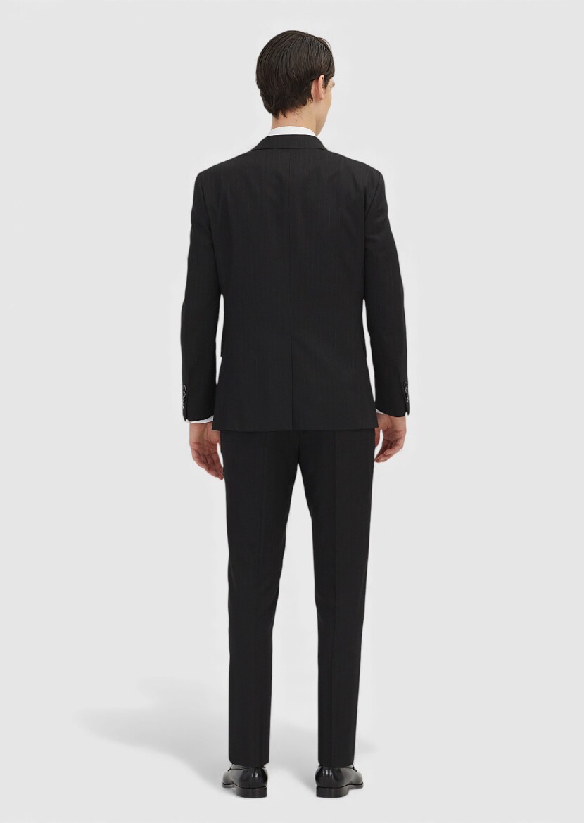Siyah Çizgili Zeroweight Slim Fit Yün Karışımlı Takım Elbise - 4