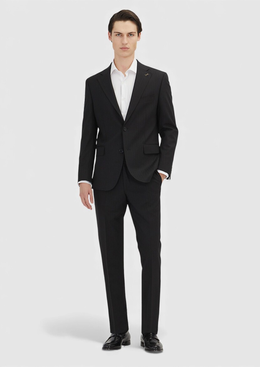 Siyah Çizgili Zeroweight Slim Fit Yün Karışımlı Takım Elbise - RAMSEY
