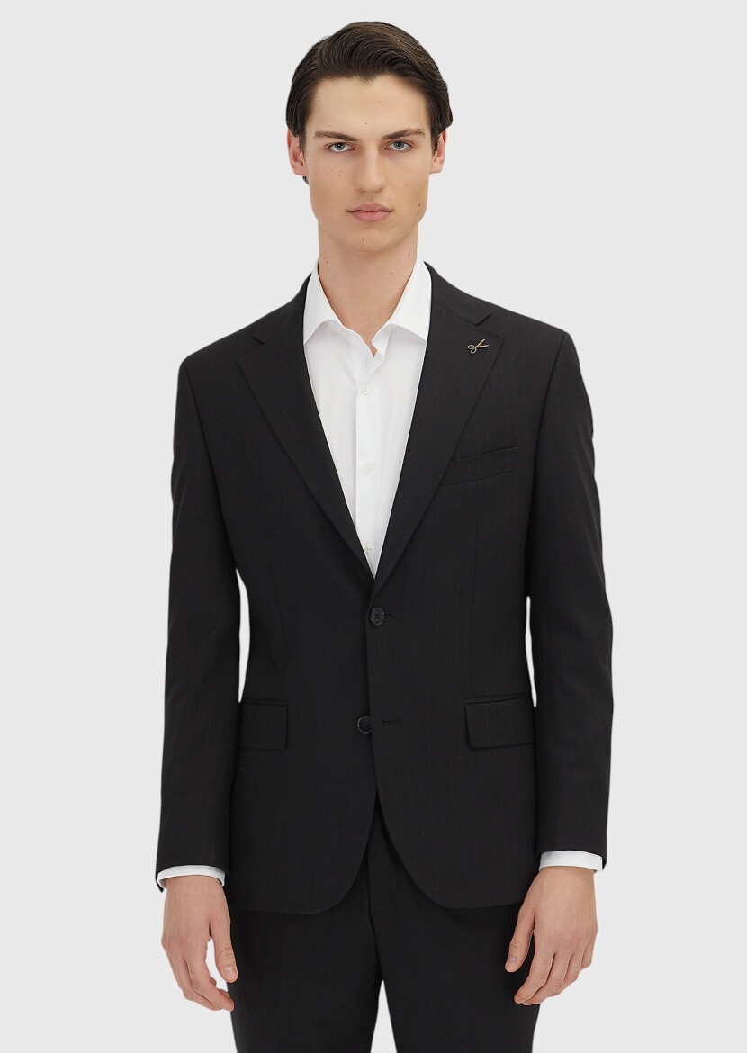 Siyah Çizgili Zeroweight Slim Fit Yün Karışımlı Takım Elbise - RAMSEY