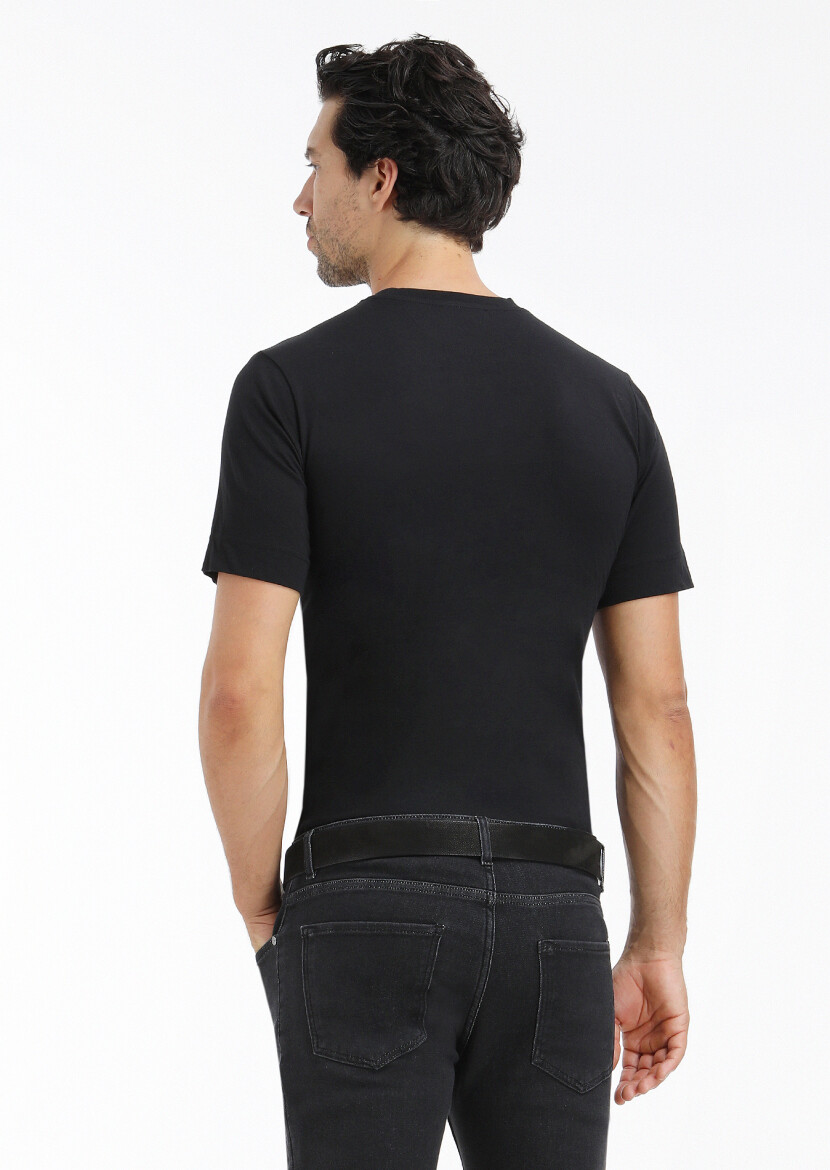 Siyah Desenli Bisiklet Yaka %100 Pamuk T-Shirt - 3