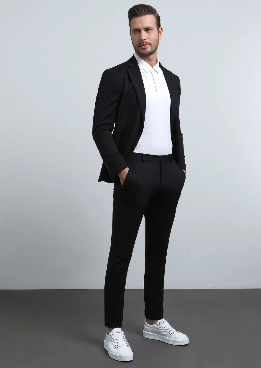 Siyah Desenli Comfort Fit Örme Takım Elbise - 3