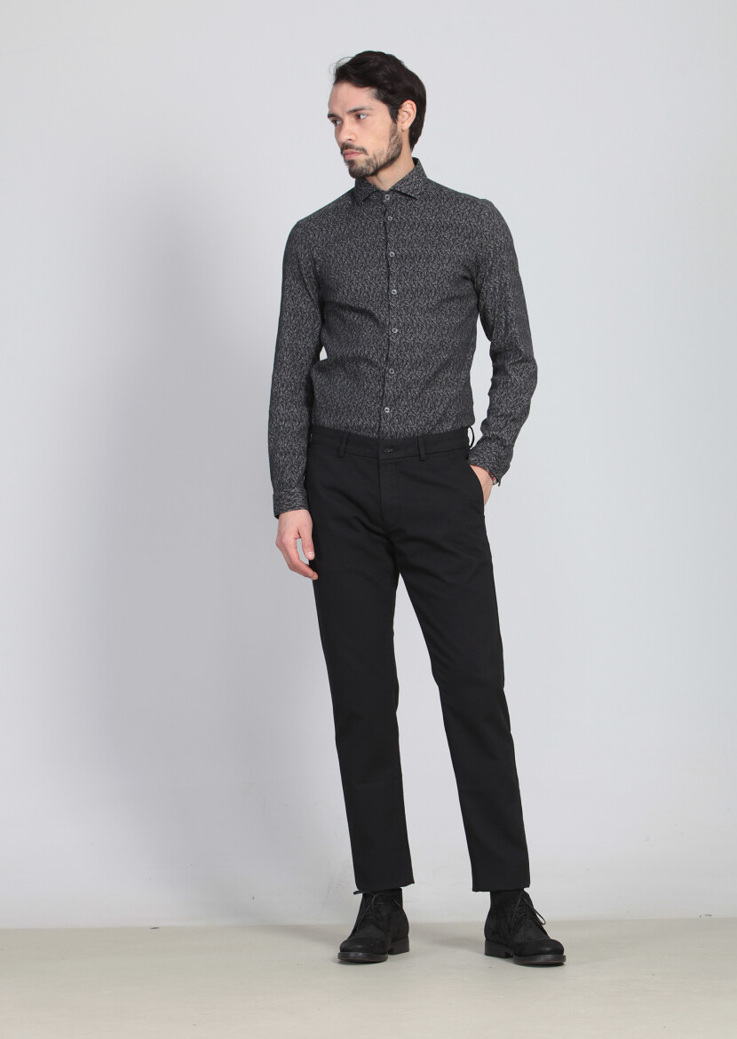 Siyah Desenli Dokuma Regular Fit Casual Pamuk Karışımlı Pantolon - 1