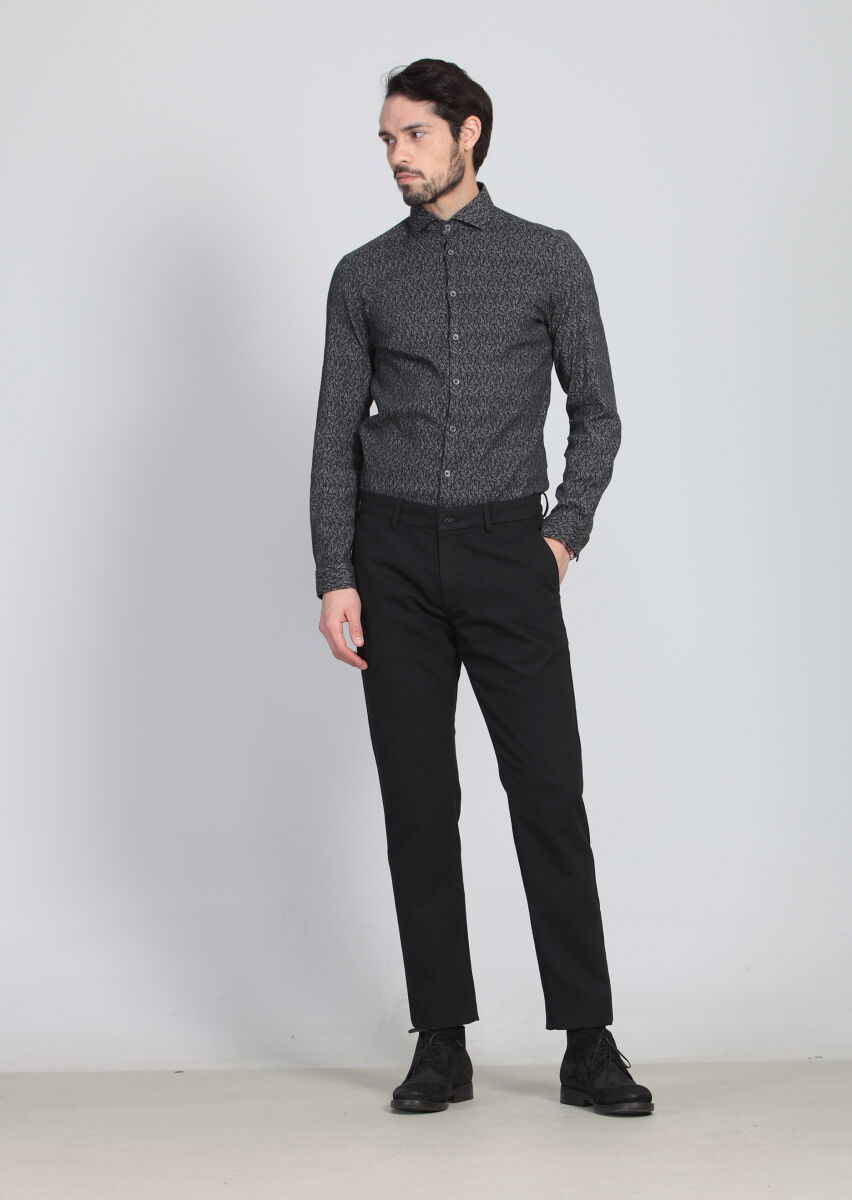 Siyah Desenli Dokuma Regular Fit Casual Pamuk Karışımlı Pantolon - 1
