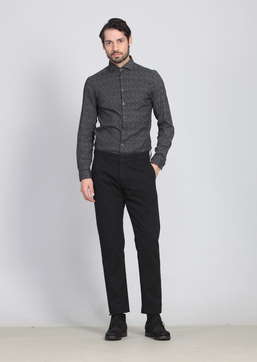 Siyah Desenli Dokuma Regular Fit Casual Pamuk Karışımlı Pantolon - 3