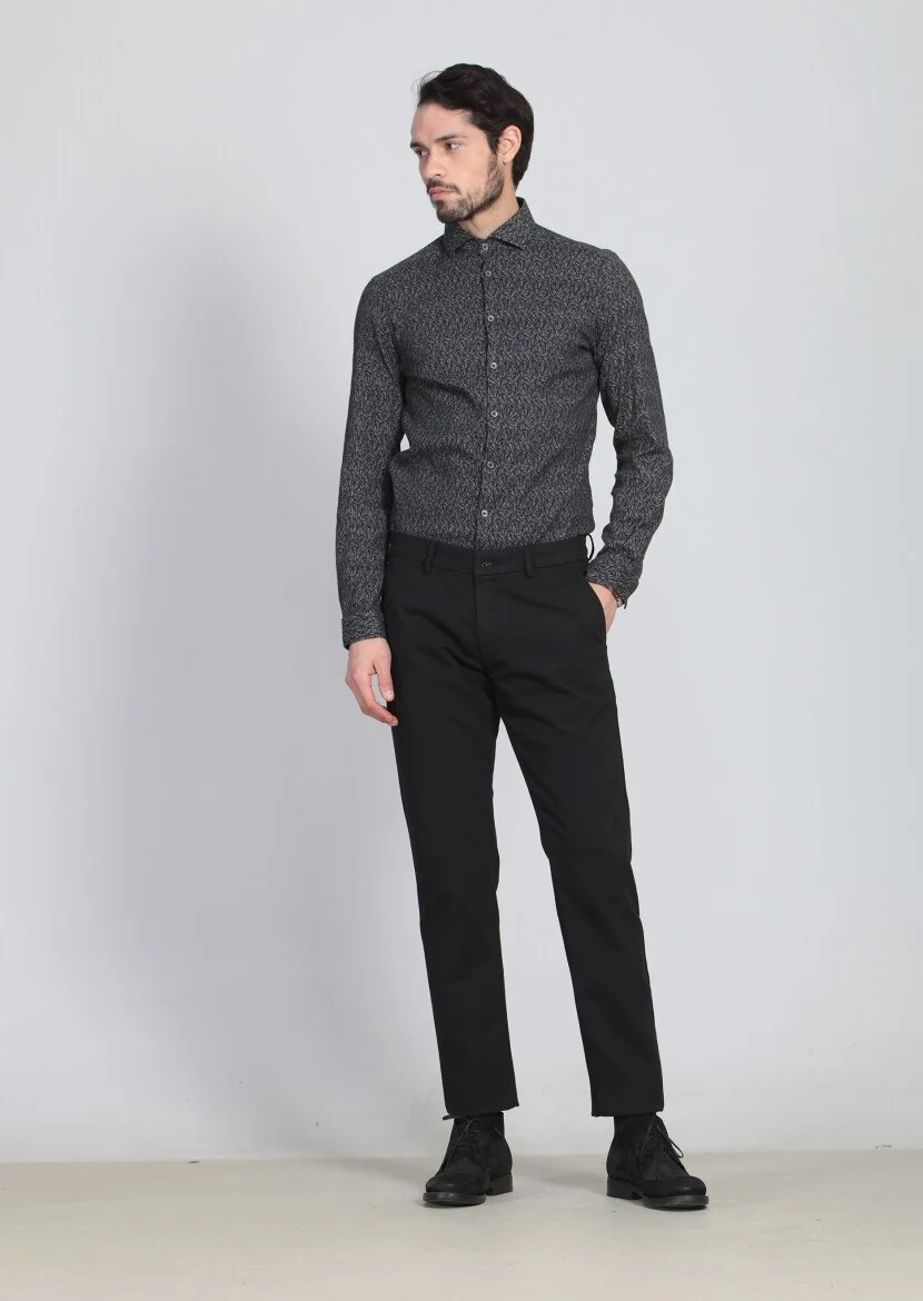 Siyah Desenli Dokuma Regular Fit Casual Pamuk Karışımlı Pantolon 