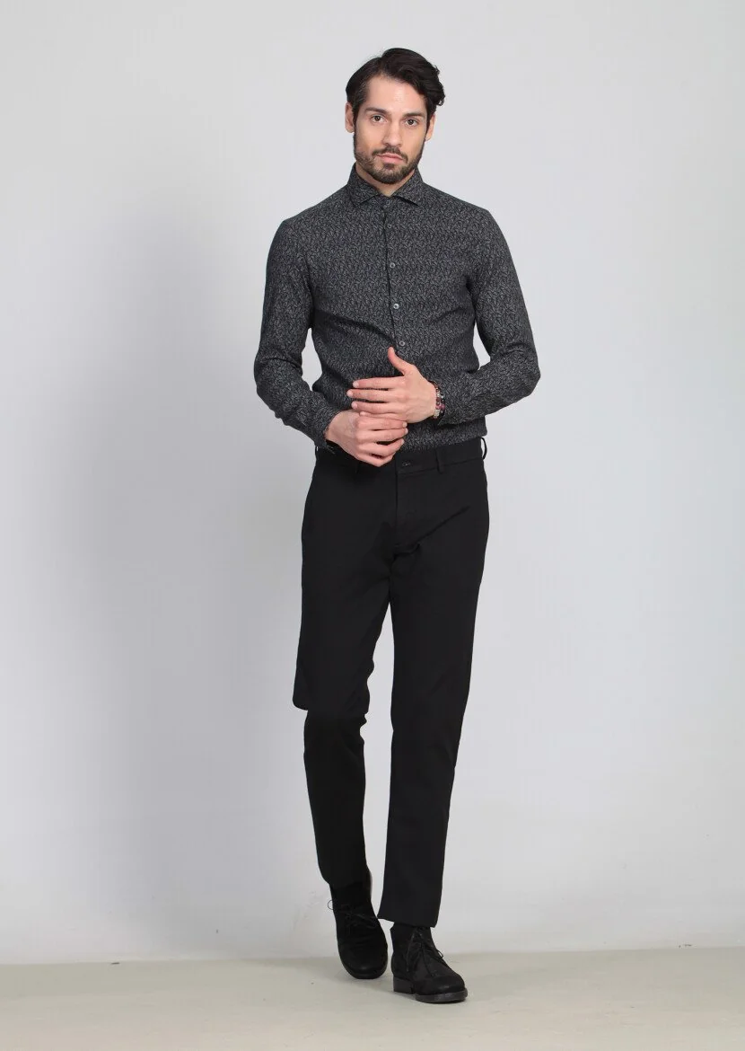 Siyah Desenli Dokuma Regular Fit Casual Pamuk Karışımlı Pantolon - 2