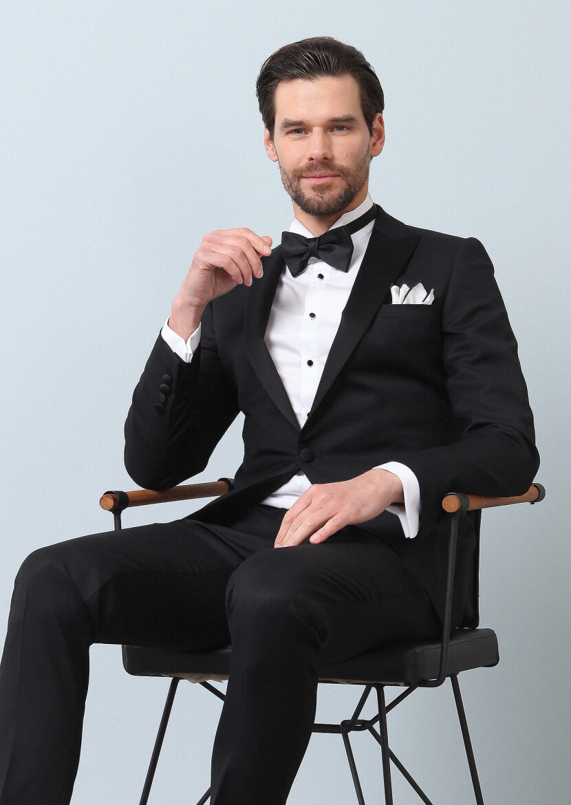 Siyah Desenli Fashion Slim Fit Kruvaze Yaka Dokuma Smokin Takım Elbise 