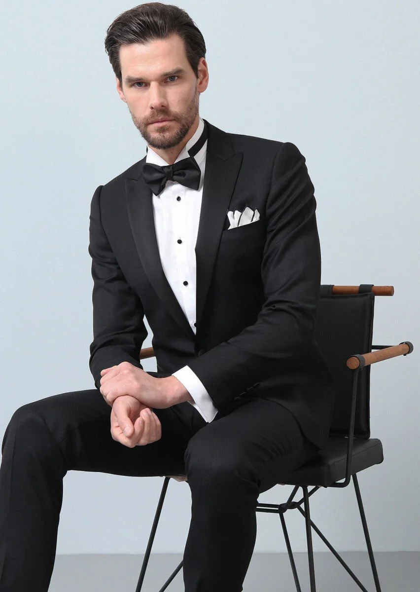 Siyah Desenli Fashion Slim Fit Kruvaze Yaka Dokuma Smokin Takım Elbise - 3
