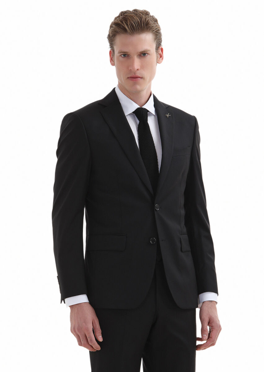 Siyah Desenli Modern Fit %100 Yün Takım Elbise - 2