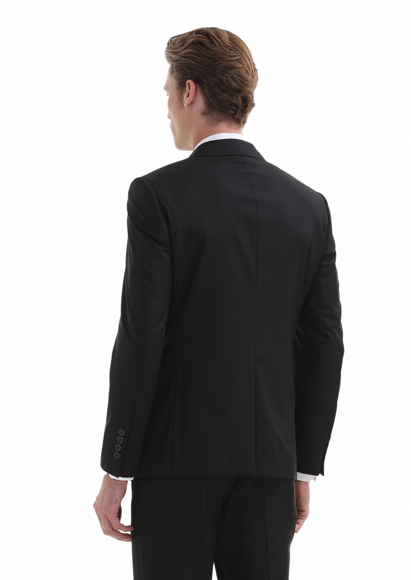 Siyah Desenli Modern Fit %100 Yün Takım Elbise - 5