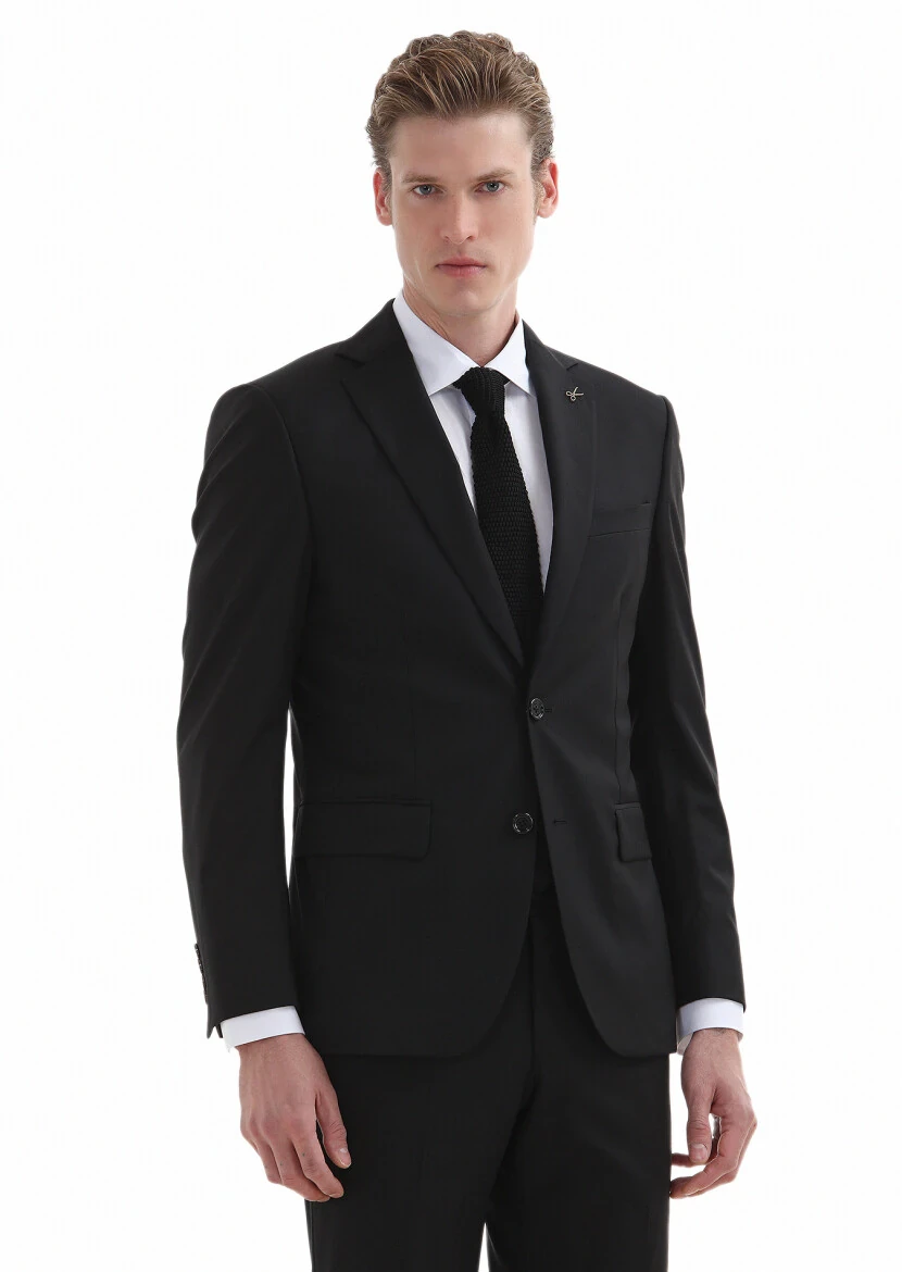 Siyah Desenli Modern Fit %100 Yün Takım Elbise - 2