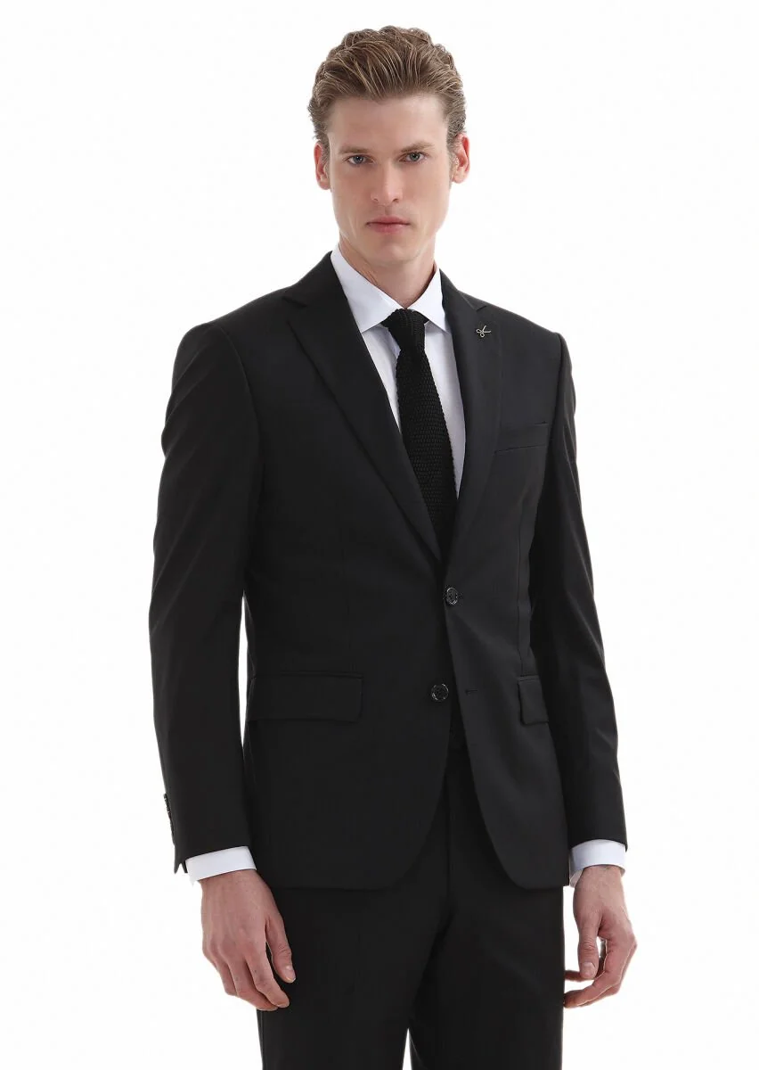 Siyah Desenli Modern Fit %100 Yün Takım Elbise - 2