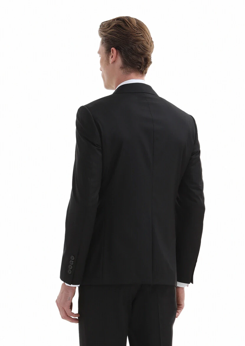 Siyah Desenli Modern Fit %100 Yün Takım Elbise - 5