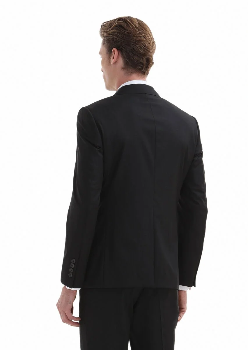 Siyah Desenli Modern Fit %100 Yün Takım Elbise - 5