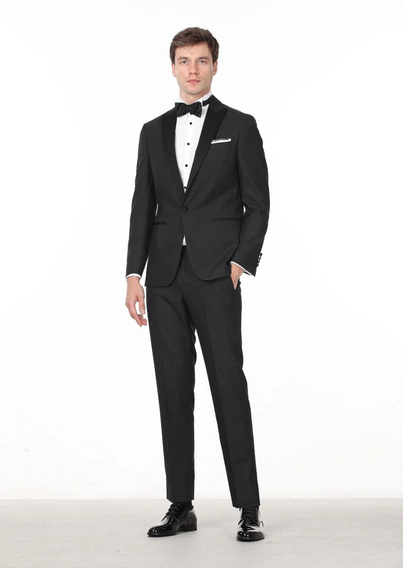Siyah Desenli Modern Fit Kruvaze Yaka Dokuma Smokin Takım Elbise - 3