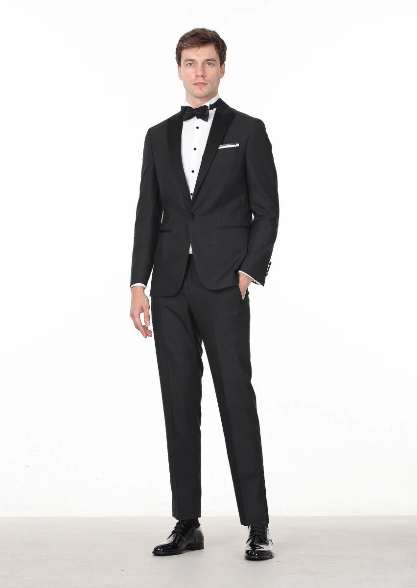 Siyah Desenli Modern Fit Kruvaze Yaka Dokuma Smokin Takım Elbise - 3