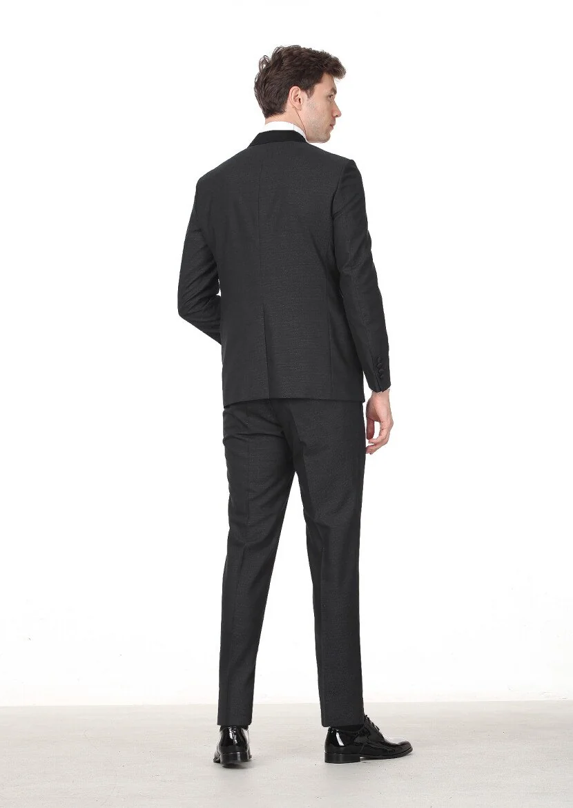Siyah Desenli Modern Fit Kruvaze Yaka Dokuma Smokin Takım Elbise - 4