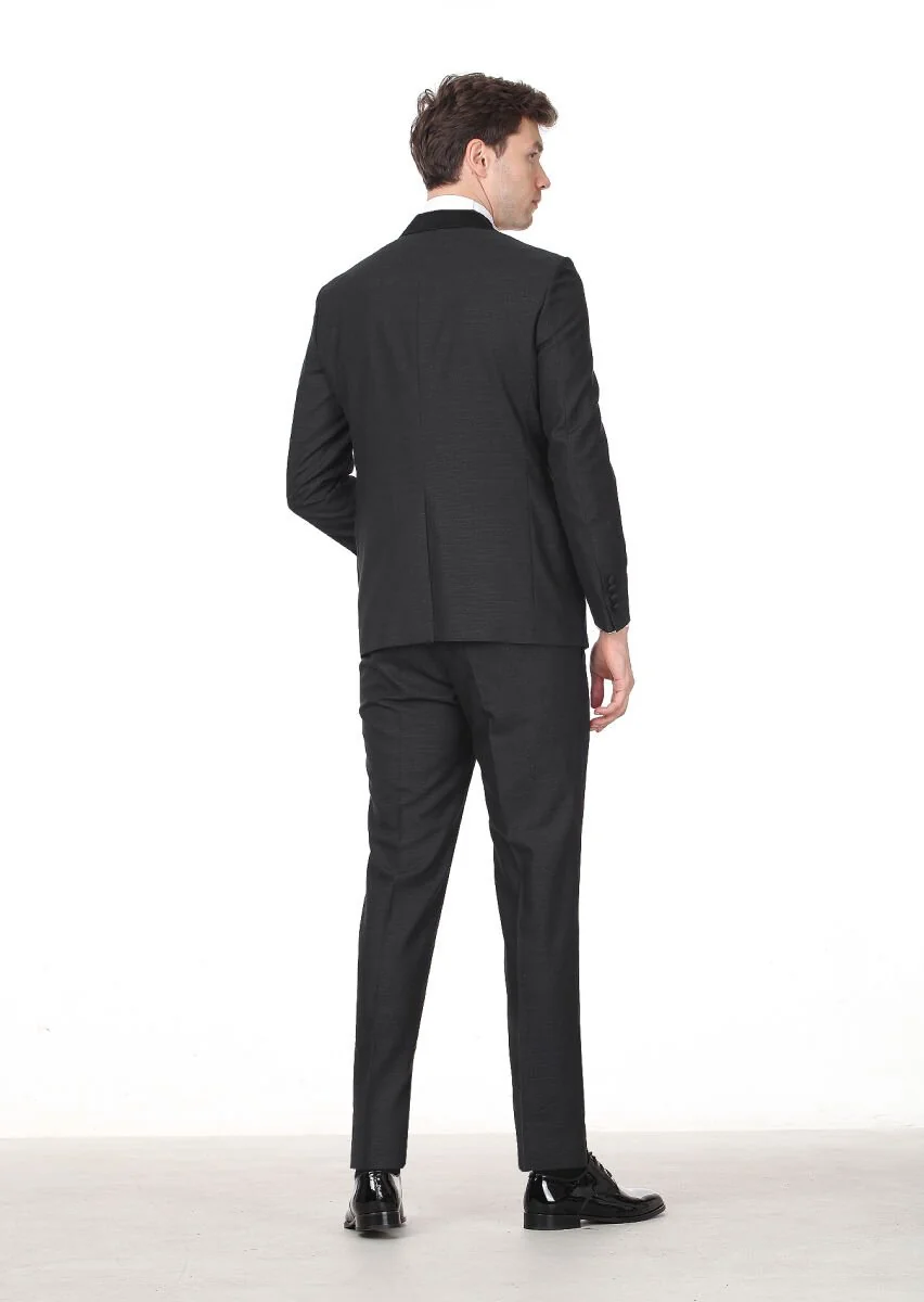 Siyah Desenli Modern Fit Kruvaze Yaka Dokuma Smokin Takım Elbise - 4