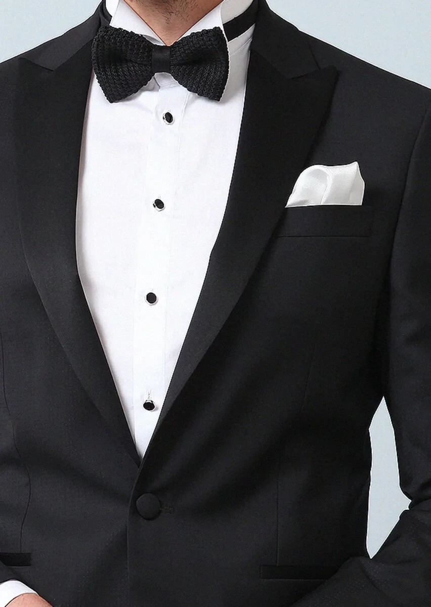 Siyah Desenli Modern Fit Kruvaze Yaka Dokuma Smokin Takım Elbise - 3