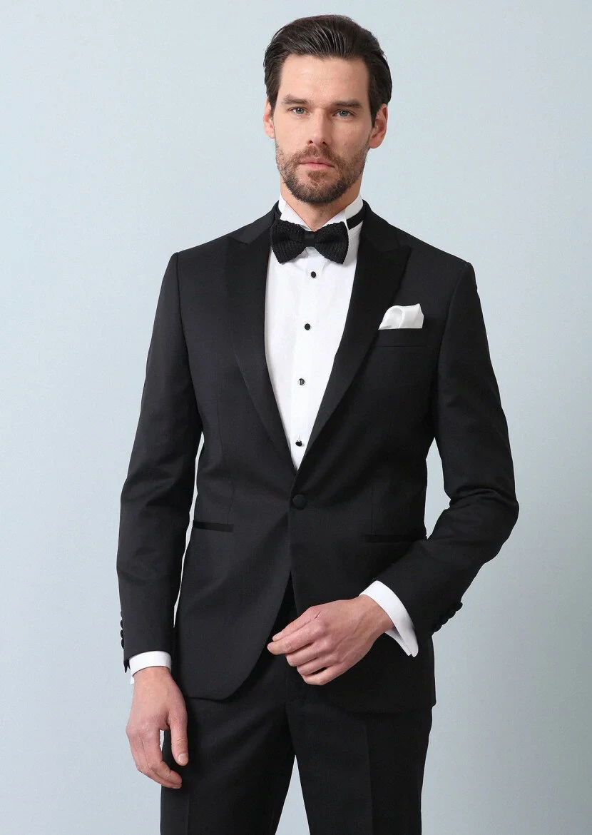 Siyah Desenli Modern Fit Kruvaze Yaka Dokuma Smokin Takım Elbise - 4