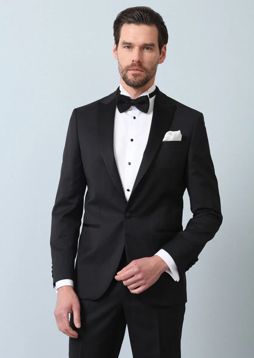 Siyah Desenli Modern Fit Kruvaze Yaka Dokuma Smokin Takım Elbise - 4