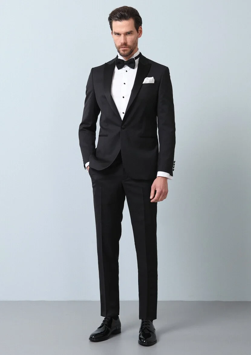 Siyah Desenli Modern Fit Kruvaze Yaka Dokuma Smokin Takım Elbise - 5