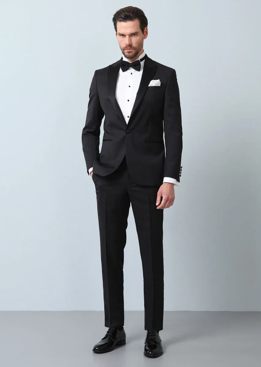 Siyah Desenli Modern Fit Kruvaze Yaka Dokuma Smokin Takım Elbise - 5