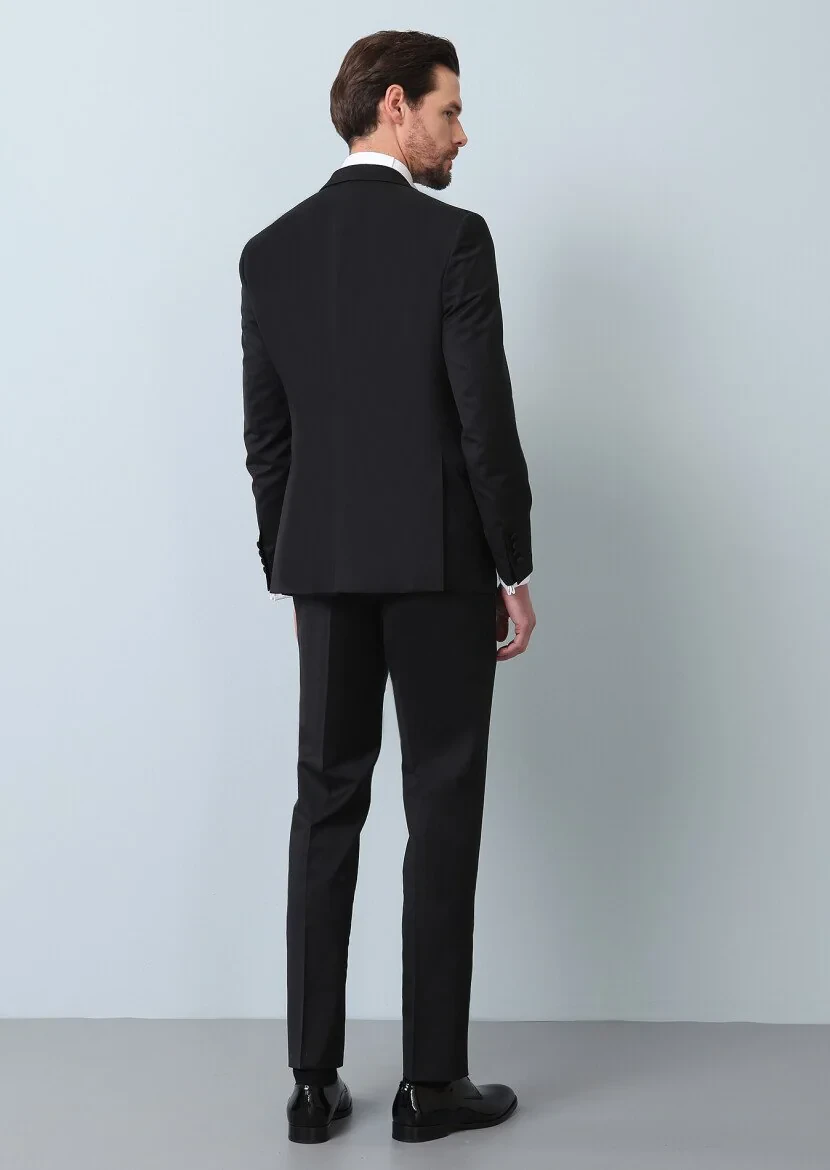 Siyah Desenli Modern Fit Kruvaze Yaka Dokuma Smokin Takım Elbise - 6