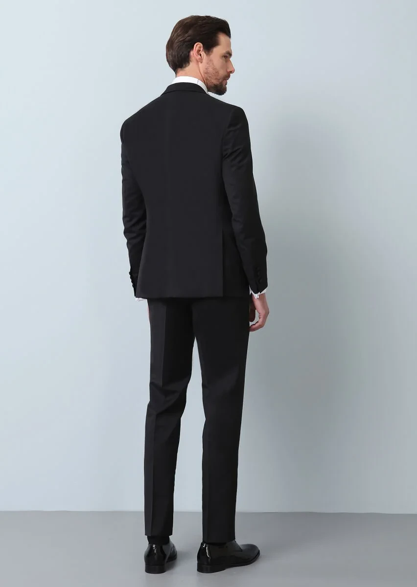 Siyah Desenli Modern Fit Kruvaze Yaka Dokuma Smokin Takım Elbise - 6
