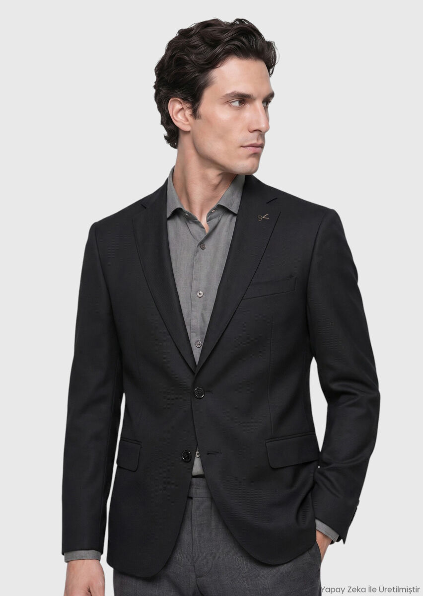 RAMSEY Siyah Desenli Regular Fit %100 Yün Ceket