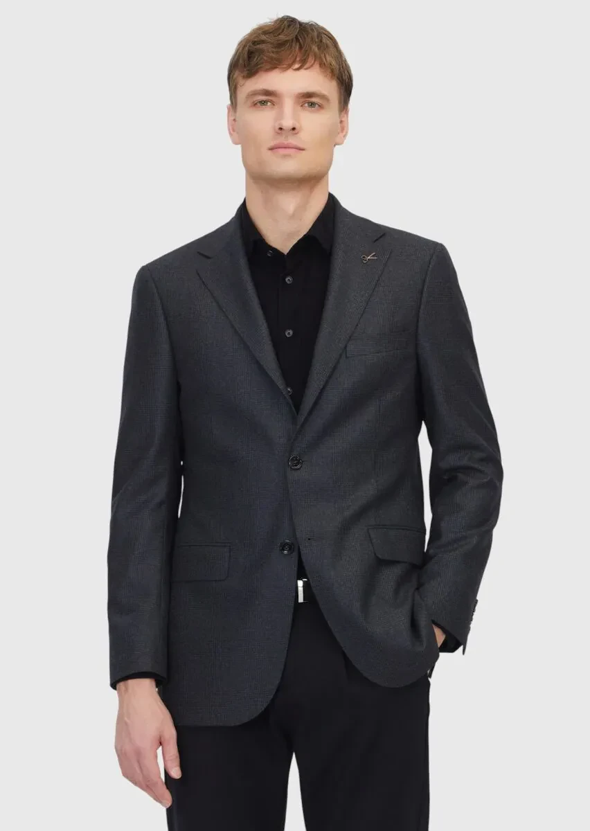 Siyah Desenli Regular Fit %100 Yün Ceket - 1
