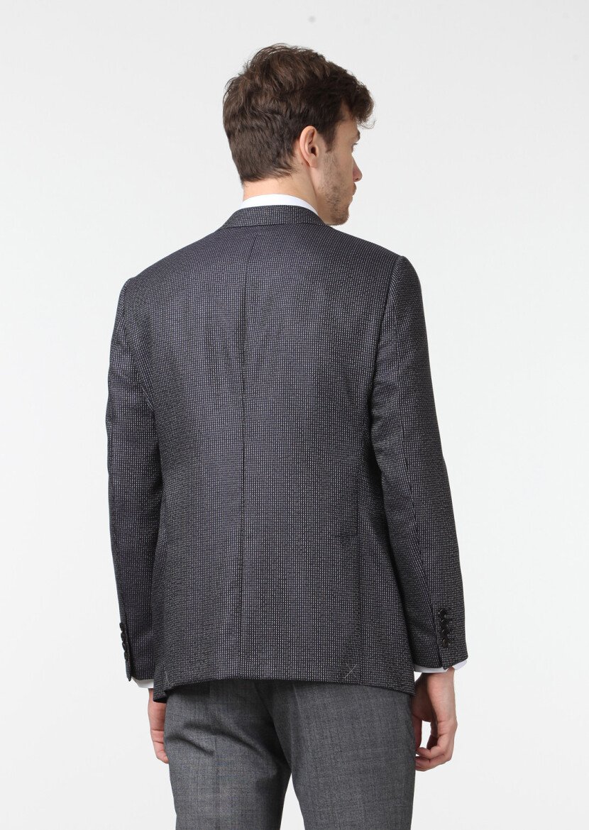 Siyah Desenli Regular Fit İpek Karışımlı Ceket - 4