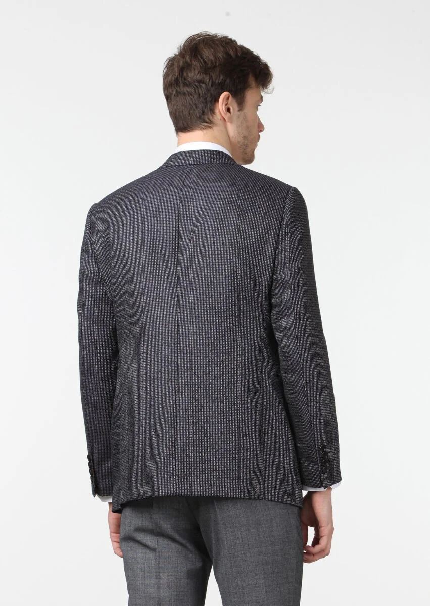 Siyah Desenli Regular Fit İpek Karışımlı Ceket - 4