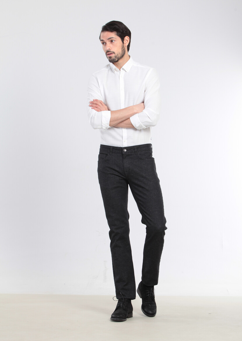 Siyah Desenli Slim Fit Denim Pamuk Karışımlı Pantolon - 1