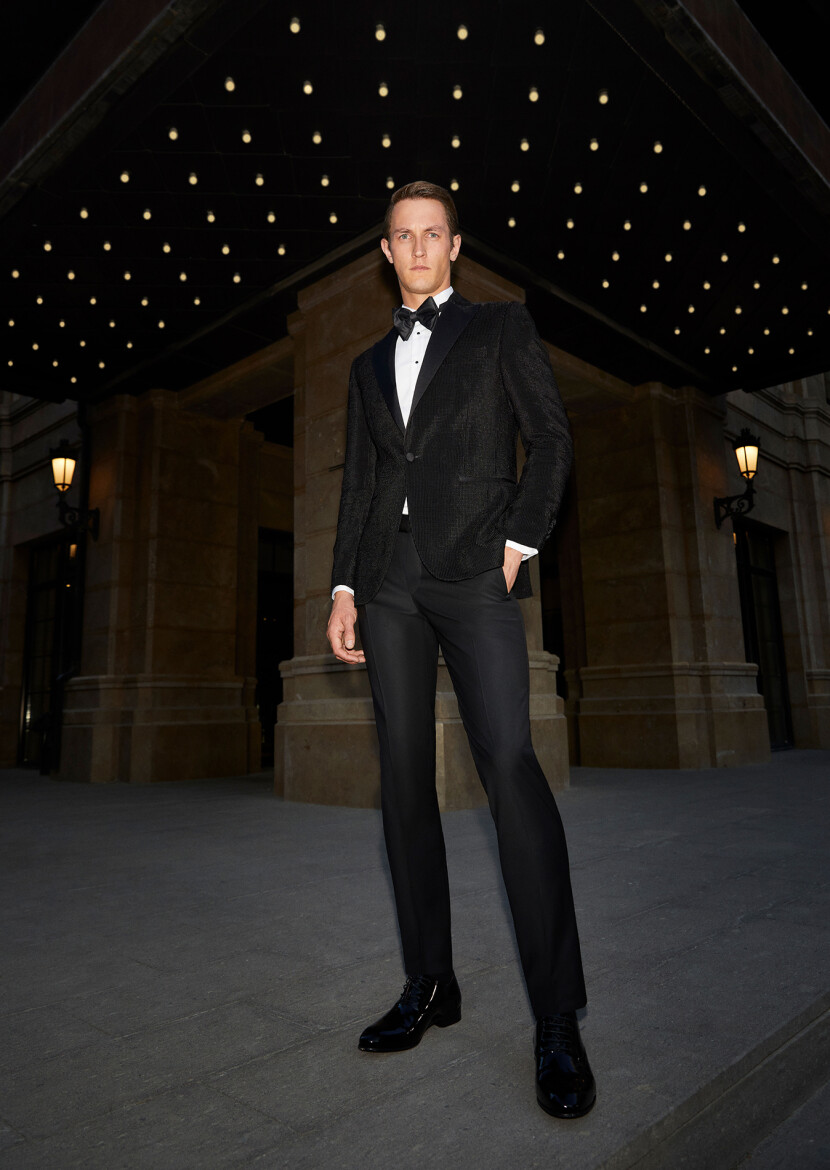 Siyah Desenli Thin&taller Slim Fit Kruvaze Yaka Dokuma Smokin Takım Elbise - RAMSEY