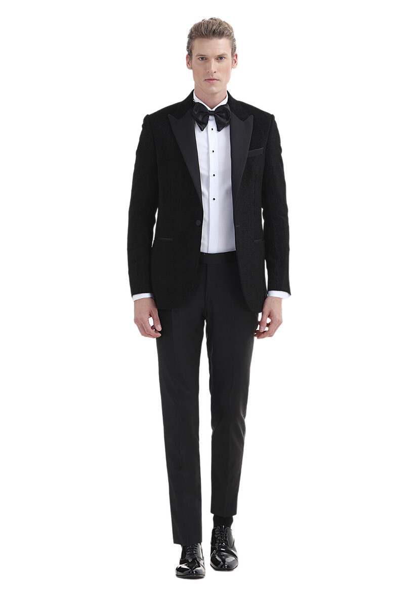 Siyah Desenli Thin&taller Slim Fit Kruvaze Yaka Dokuma Smokin Takım Elbise - 2