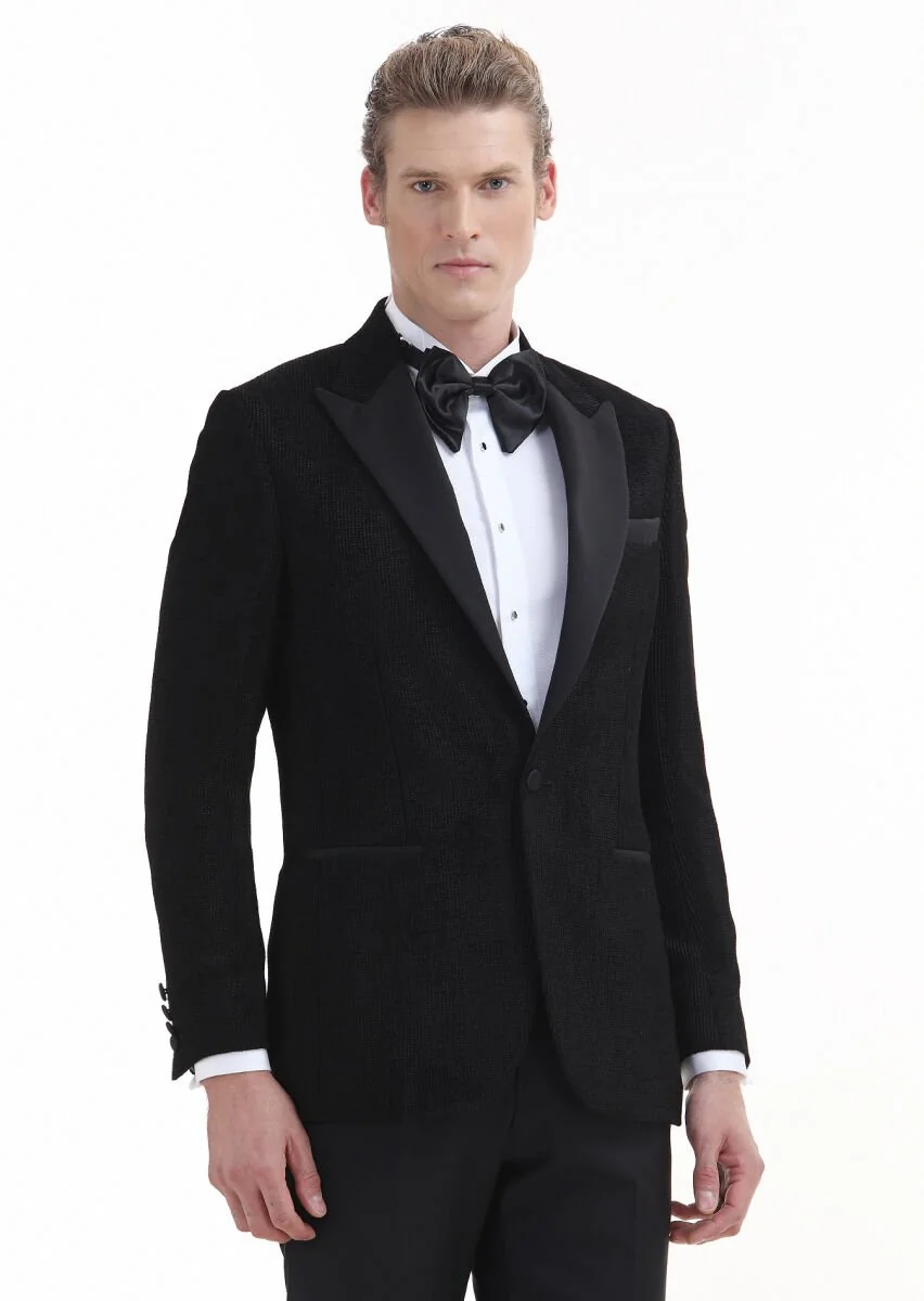 Siyah Desenli Thin&taller Slim Fit Kruvaze Yaka Dokuma Smokin Takım Elbise - 3