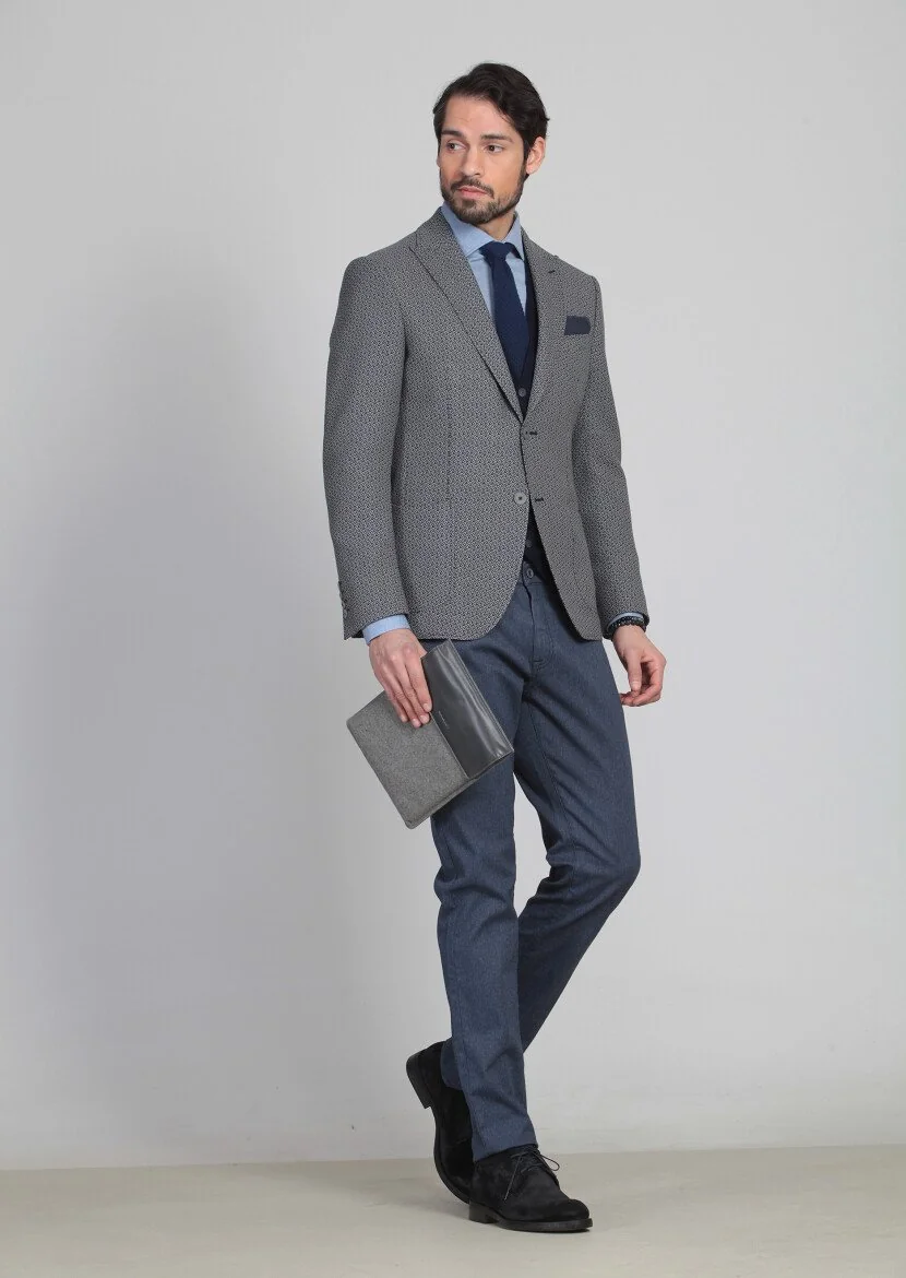 Siyah Desenli Zeroweight Slim Fit %100 Yün Ceket - 2