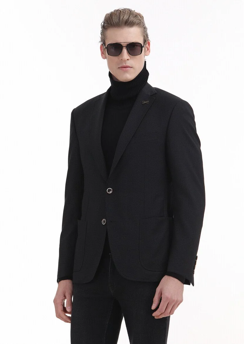 Siyah Desenli Zeroweight Slim Fit Yün Karışımlı Ceket - 1