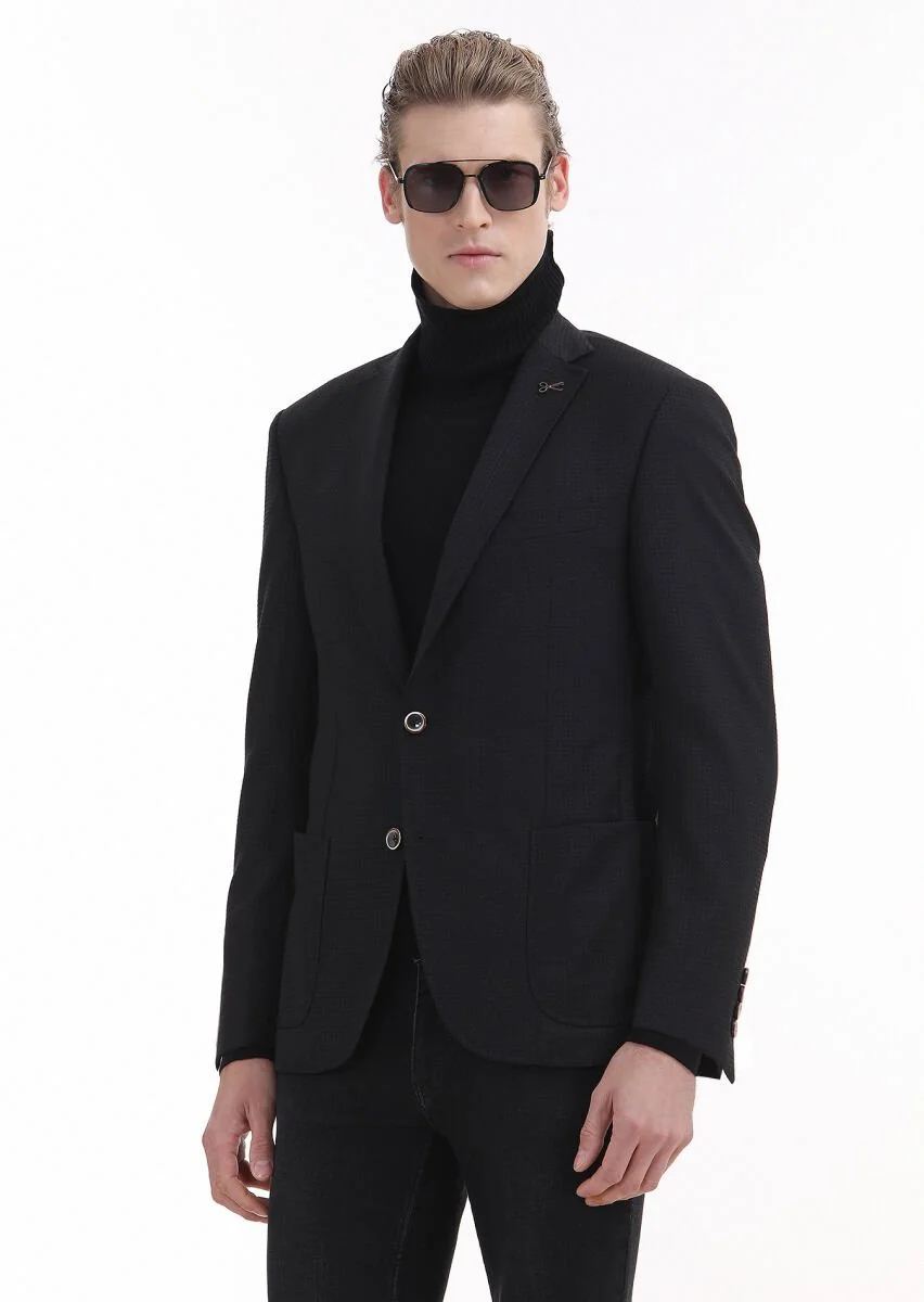 Siyah Desenli Zeroweight Slim Fit Yün Karışımlı Ceket - 1