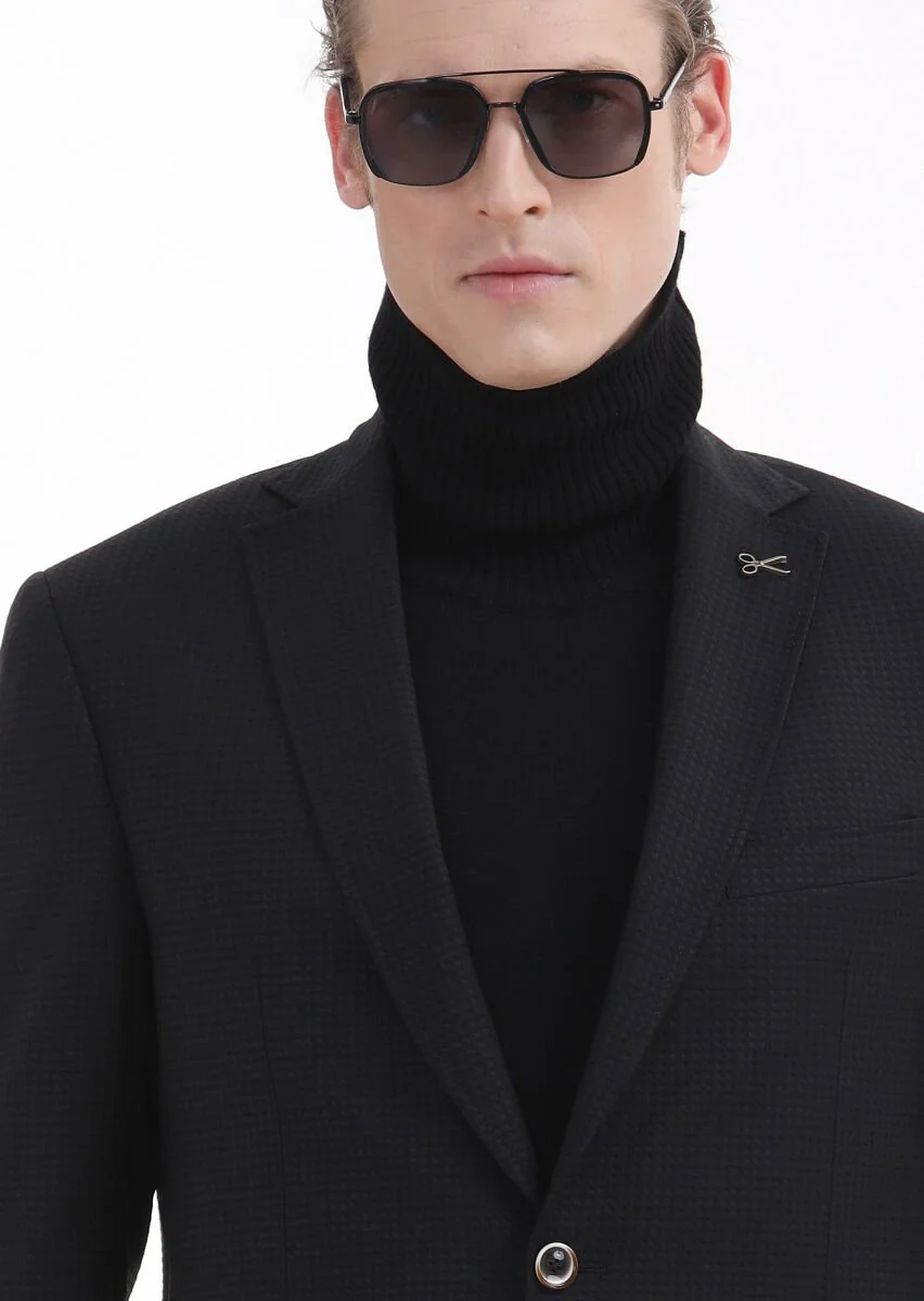 Siyah Desenli Zeroweight Slim Fit Yün Karışımlı Ceket - 3