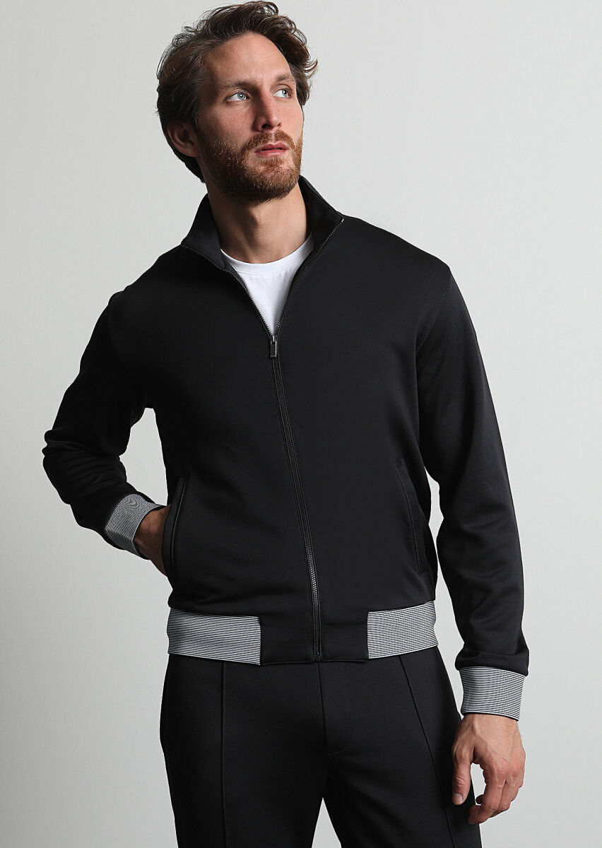 Siyah Dik Yaka Düz Sweatshırt - 1