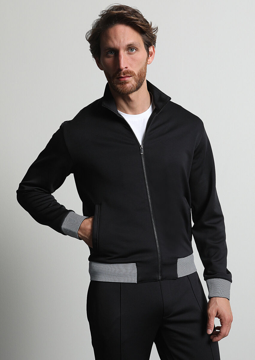 Siyah Dik Yaka Düz Sweatshırt - 3