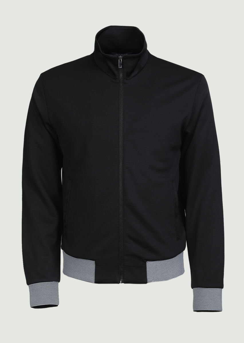 Siyah Dik Yaka Düz Sweatshırt - 5