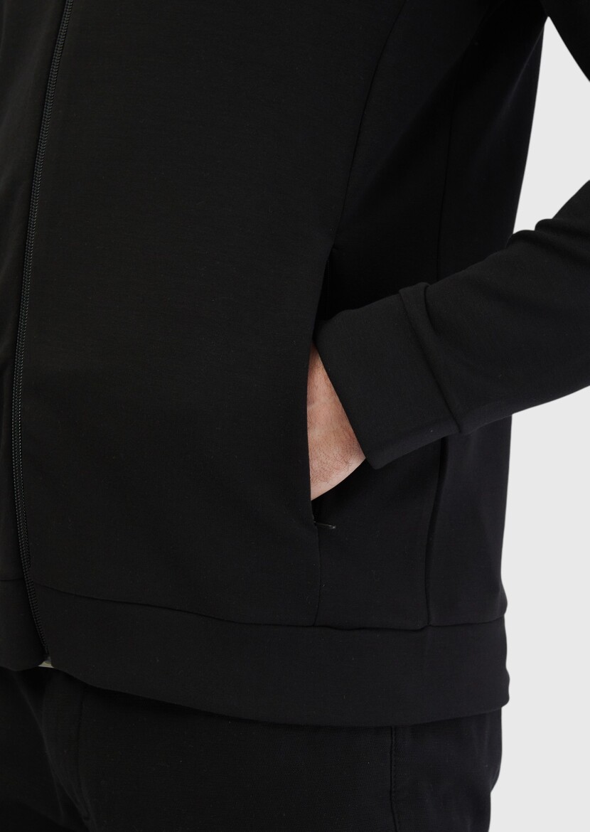 Siyah Dik Yaka Düz Sweatshırt - 5