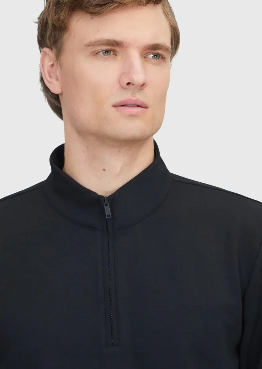 Siyah Dik Yaka Düz Sweatshırt - 3