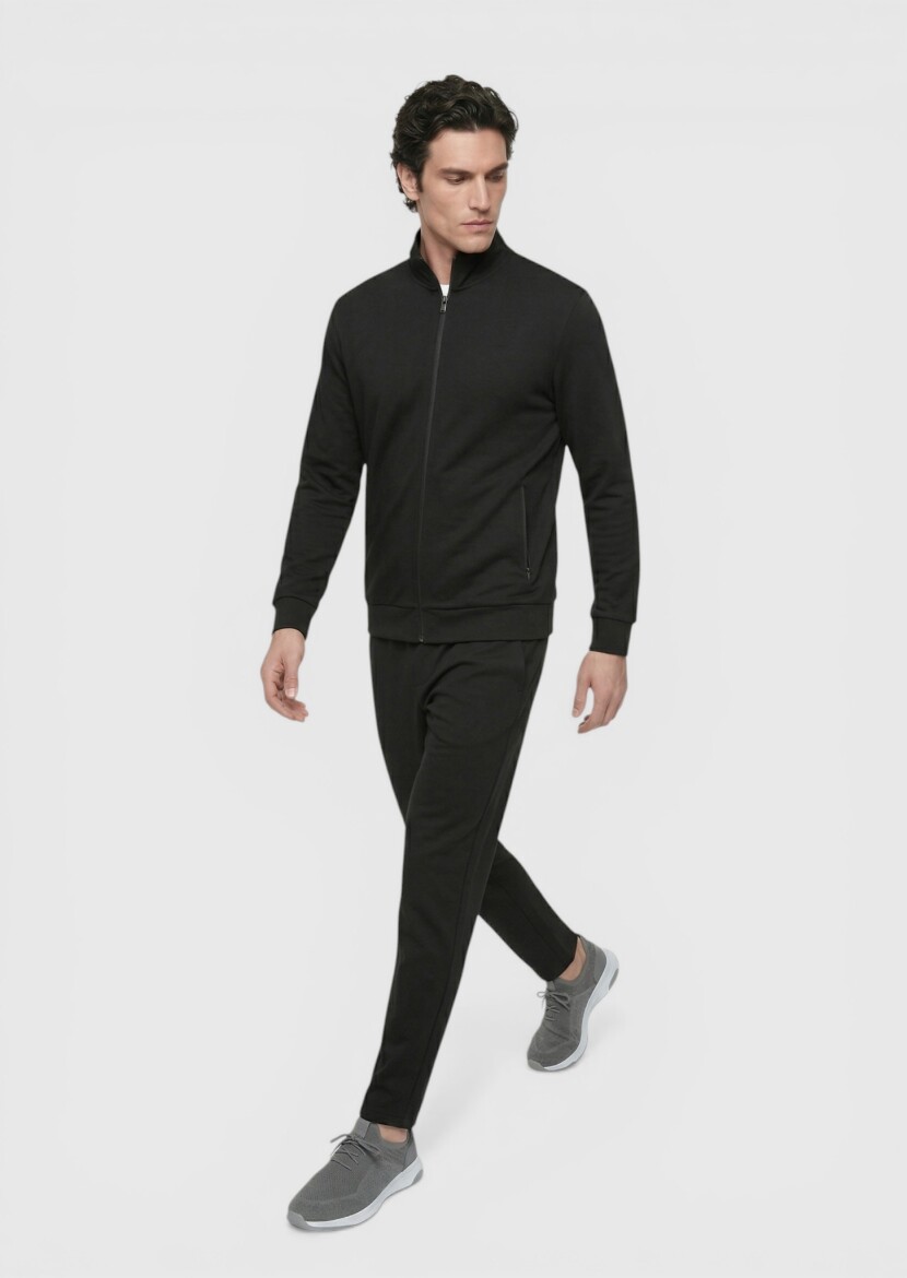 Siyah Dik Yaka Düz Sweatshırt - 4