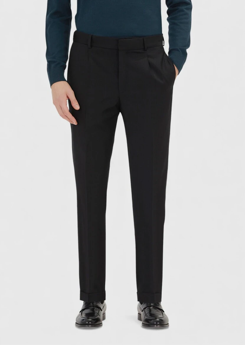 Siyah Dokuma Regular Fit Casual %100 Yün Pantolon - RAMSEY