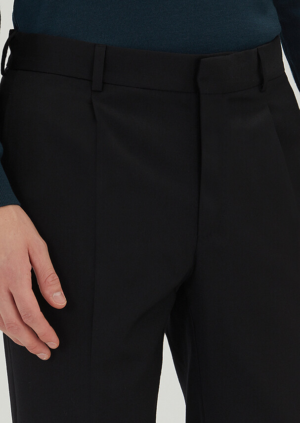 Siyah Dokuma Regular Fit Casual %100 Yün Pantolon - 3